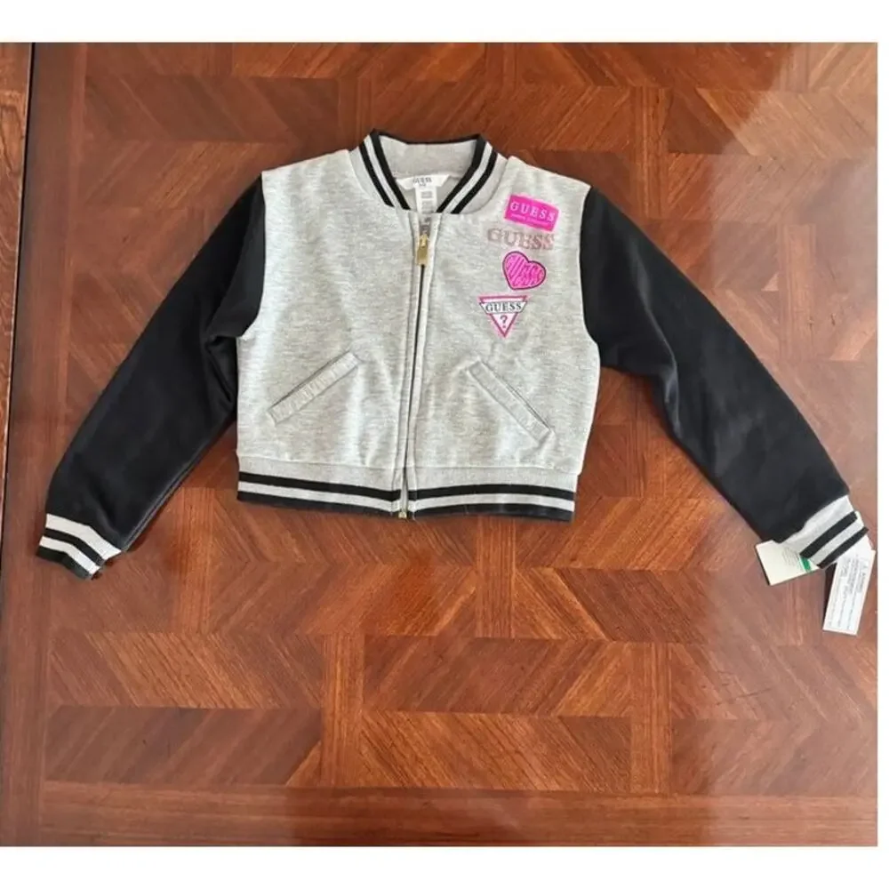 Guess Kids Gray Black Varsity Zip Jacket NWT Size 6X Logo Jacket